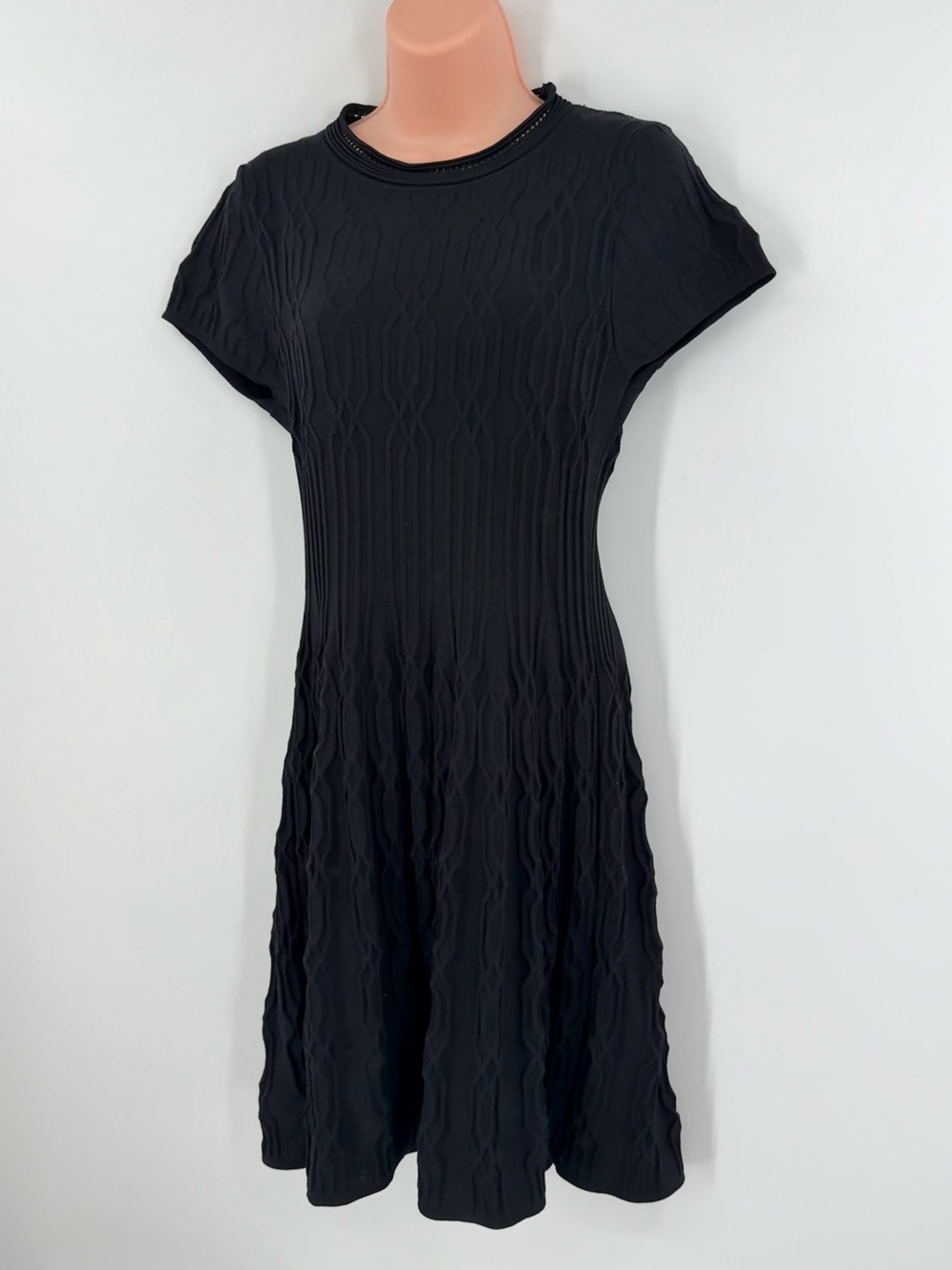 The Kooples Textured Jacquard Knit Fit and Flare Cap Sleeve Dress | Black | M